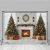 Aperturee - Aperturee Classic Christmas Fireplace Photography Backdrop White Mantle with Snowy Windows Holiday Mini Session Background
